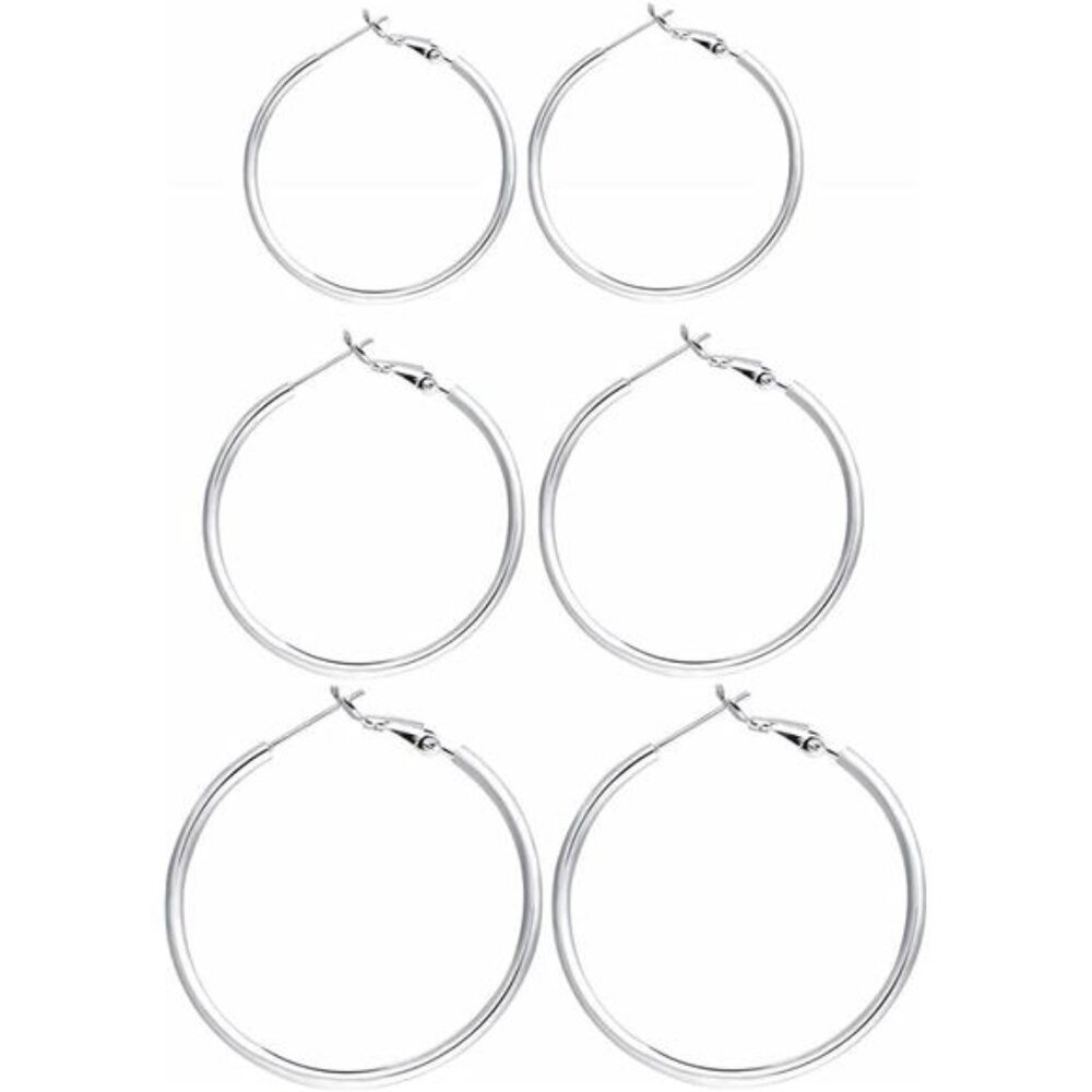 3 Pairs Sterling Silver Hoop Earrings - 14k White Gold Plated Hoop Earrings